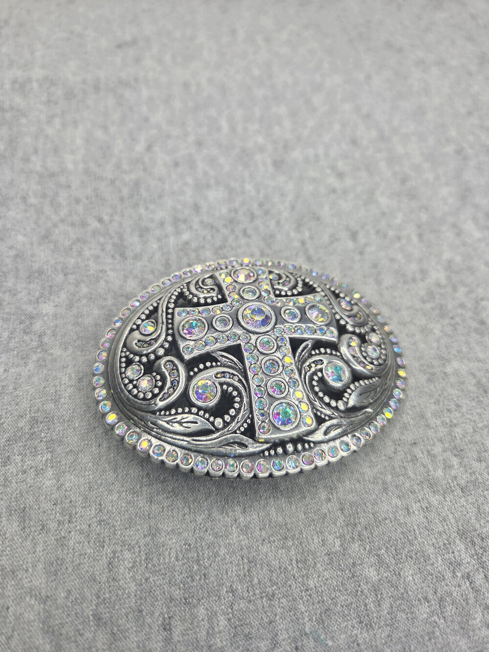 Vintage Womens Western Belt Buckle Cross Rhinestone Floral Scroll Crystal